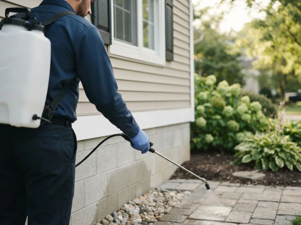 Pest control technician inspecting a home in Bessemer City, NC